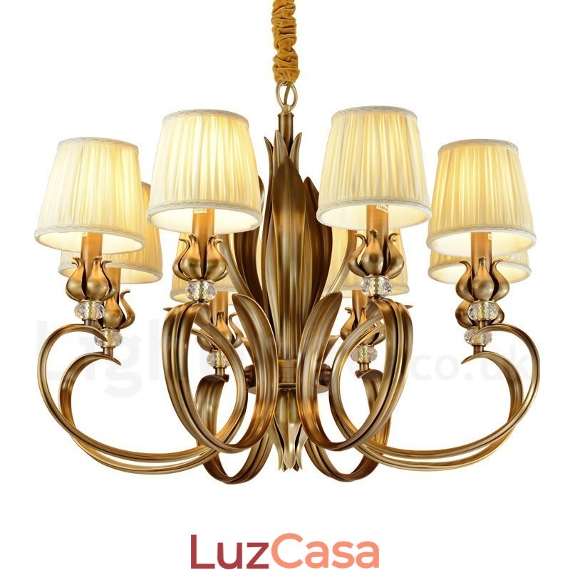 8 Luz Retro Rústico Luxo Latão Pendente Lâmpada Lustre com Tecido Sombra