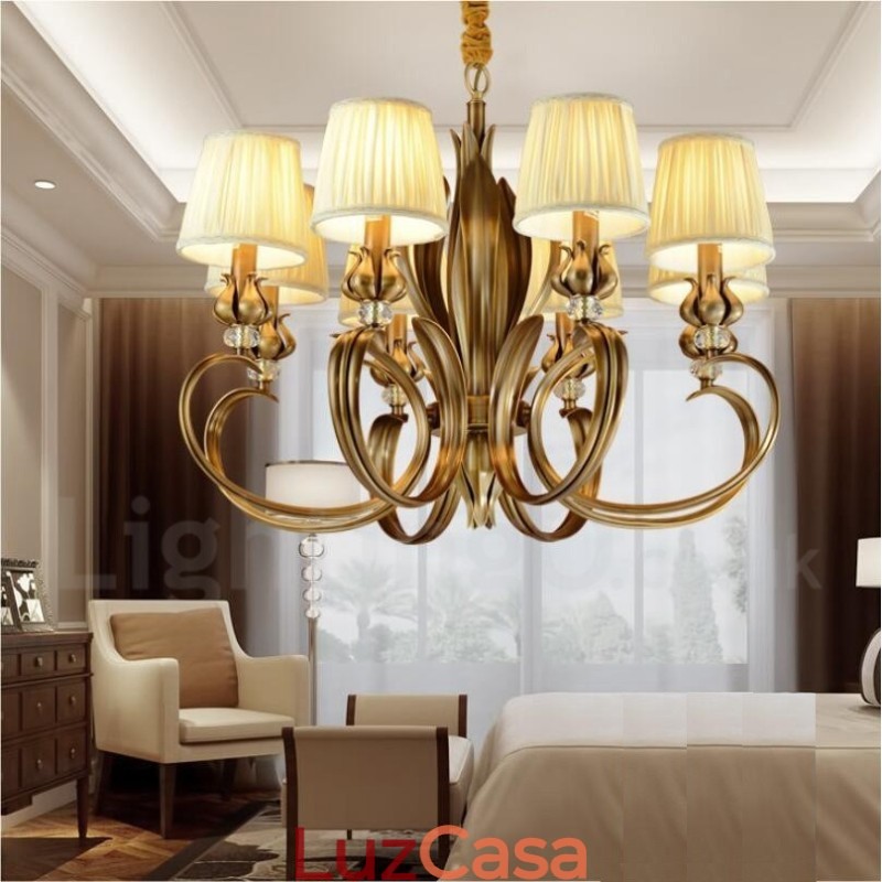 8 Luz Retro Rústico Luxo Latão Pendente Lâmpada Lustre com Tecido Sombra