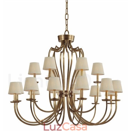 Lustre de pingente de latão luxuoso retrô rústico de 18 luzes com sombra de tecido