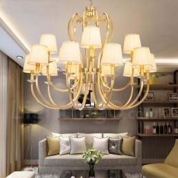 Lustre de pingente de latão luxuoso retrô rústico de 18 luzes com sombra de tecido