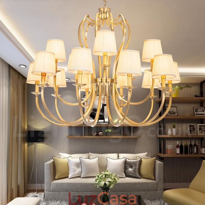 Lustre de pingente de latão luxuoso retrô rústico de 18 luzes com sombra de tecido