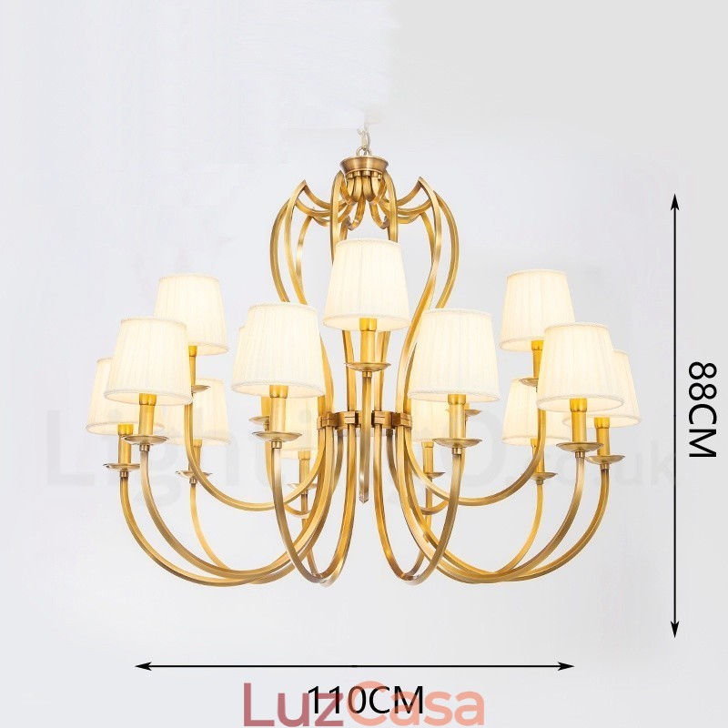Lustre de pingente de latão luxuoso retrô rústico de 18 luzes com sombra de tecido