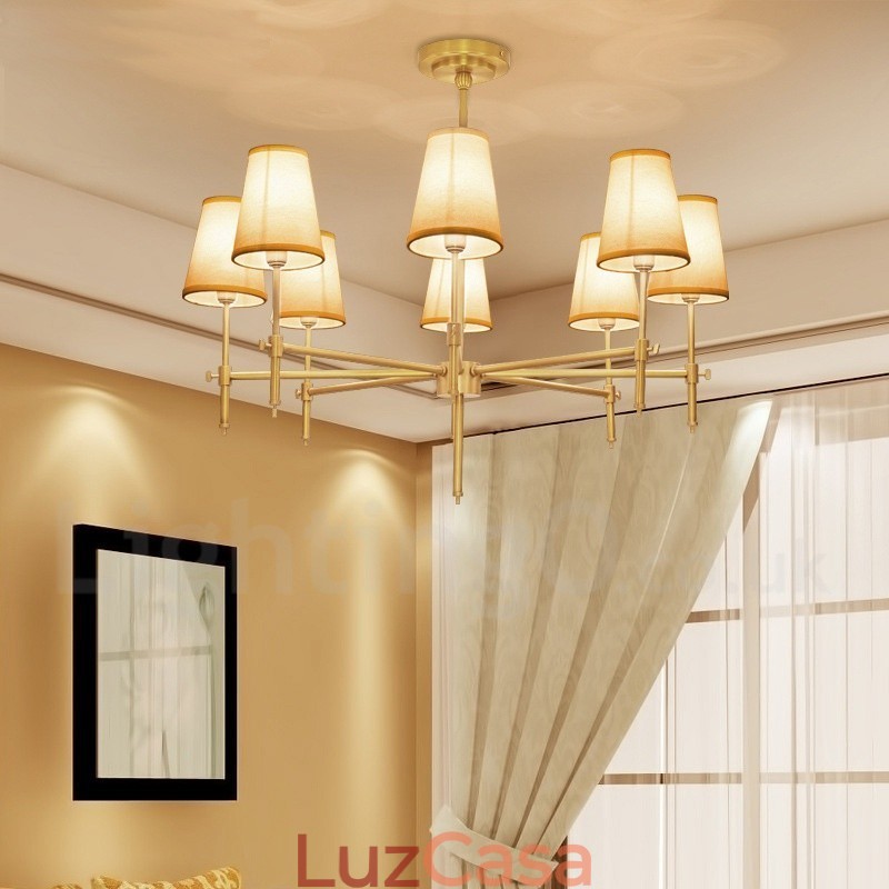 8 Luz Retro Rústico Luxo Latão Pendente Lâmpada Lustre com Tecido Sombra
