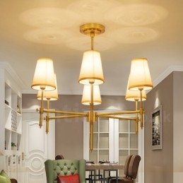 Lustre de pingente de latão luxuoso retrô rústico de 6 luzes com sombra de tecido