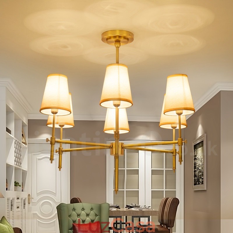 Lustre de pingente de latão luxuoso retrô rústico de 6 luzes com sombra de tecido