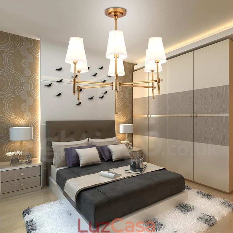 Lustre de pingente de latão luxuoso retrô rústico de 6 luzes com sombra de tecido