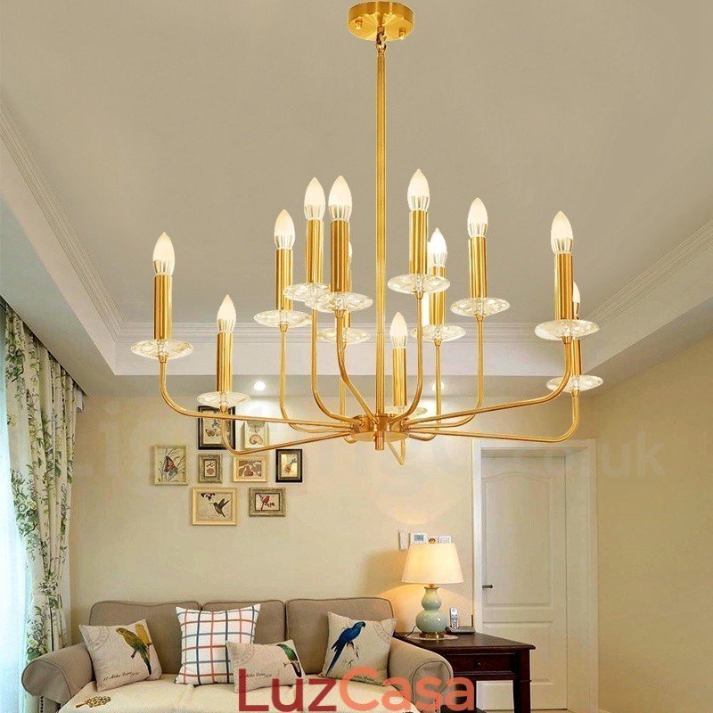 Lustre de pingente de latão retrô rústico de luxo com 12 luzes