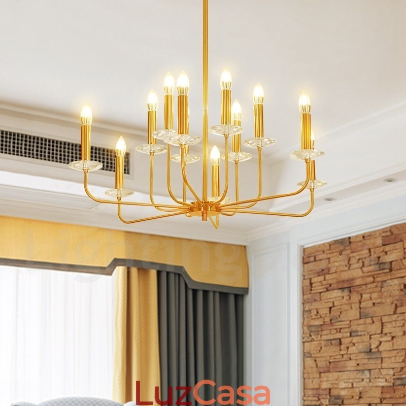 Lustre de pingente de latão retrô rústico de luxo com 12 luzes
