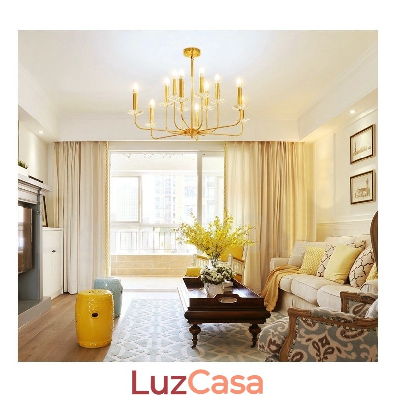 Lustre de pingente de latão retrô rústico de luxo com 12 luzes