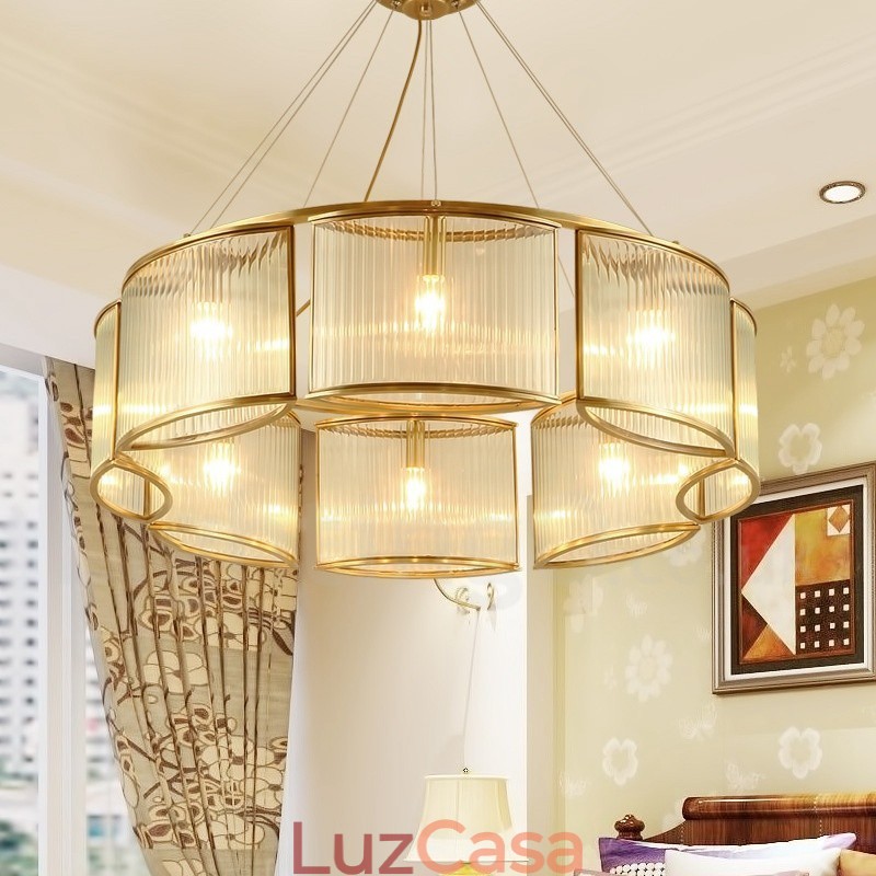 Lustre de pingente de latão luxuoso retrô rústico de 8 luzes com cúpula de vidro