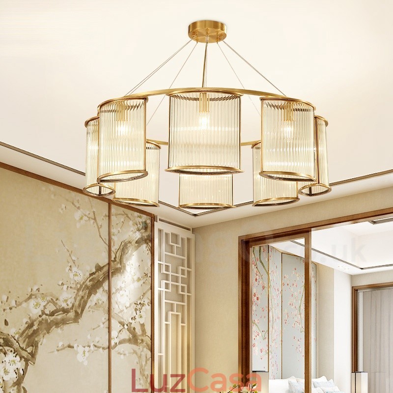 Lustre de pingente de latão luxuoso retrô rústico de 8 luzes com cúpula de vidro