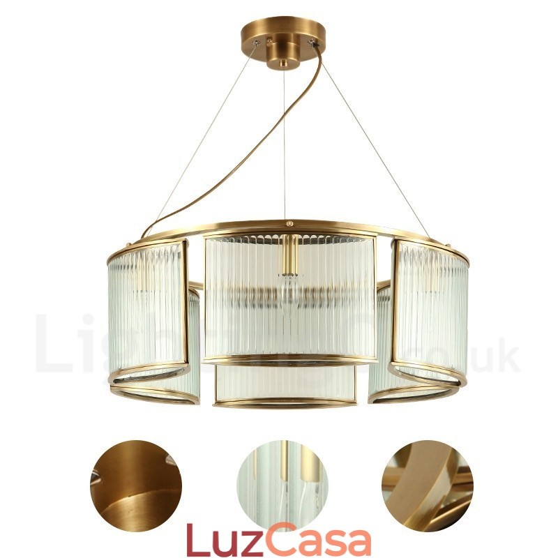 6 Luz Retro Rústico Luxo Latão Pendente Lâmpada Lustre com Sombra de Vidro