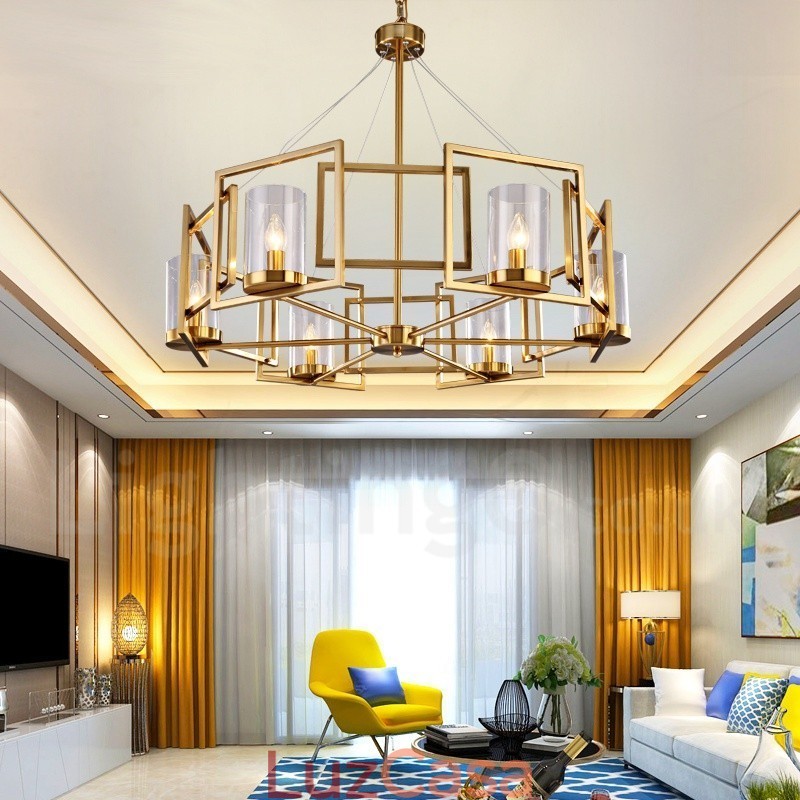 6 Luz Retro Rústico Luxo Latão Pendente Lâmpada Lustre com Sombra de Vidro