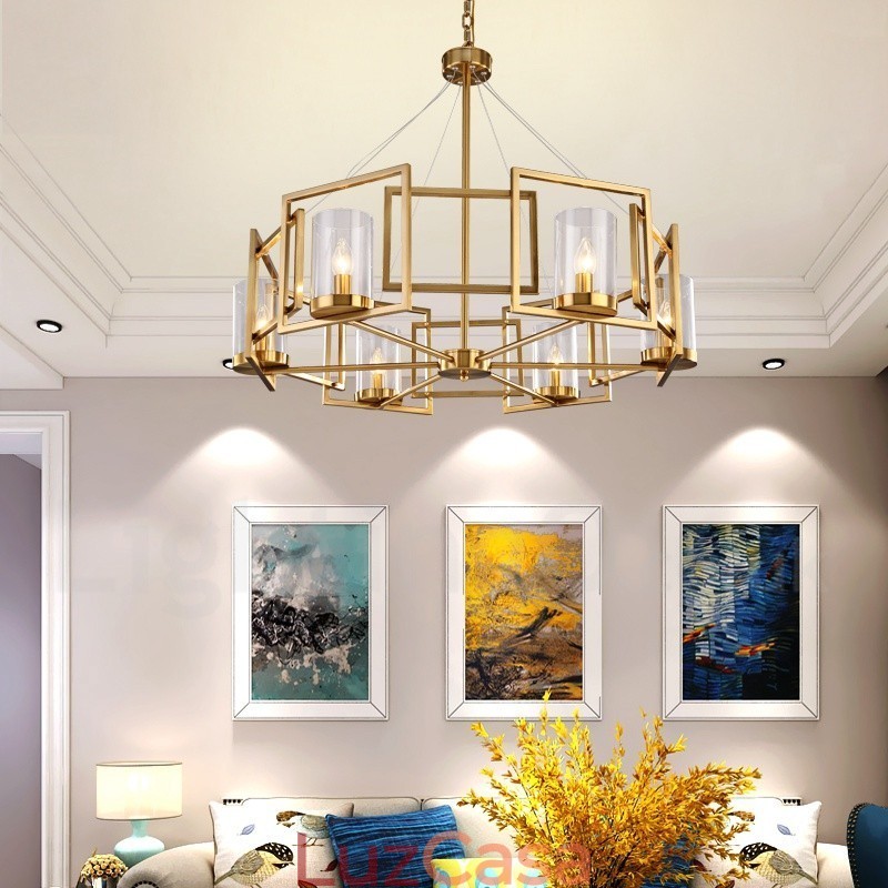 6 Luz Retro Rústico Luxo Latão Pendente Lâmpada Lustre com Sombra de Vidro