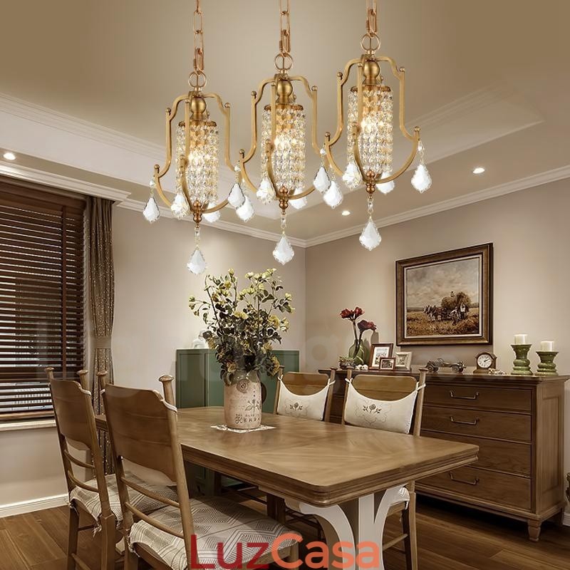 1 Lustre de pingente de latão retrô rústico de luxo com abajur de cristal