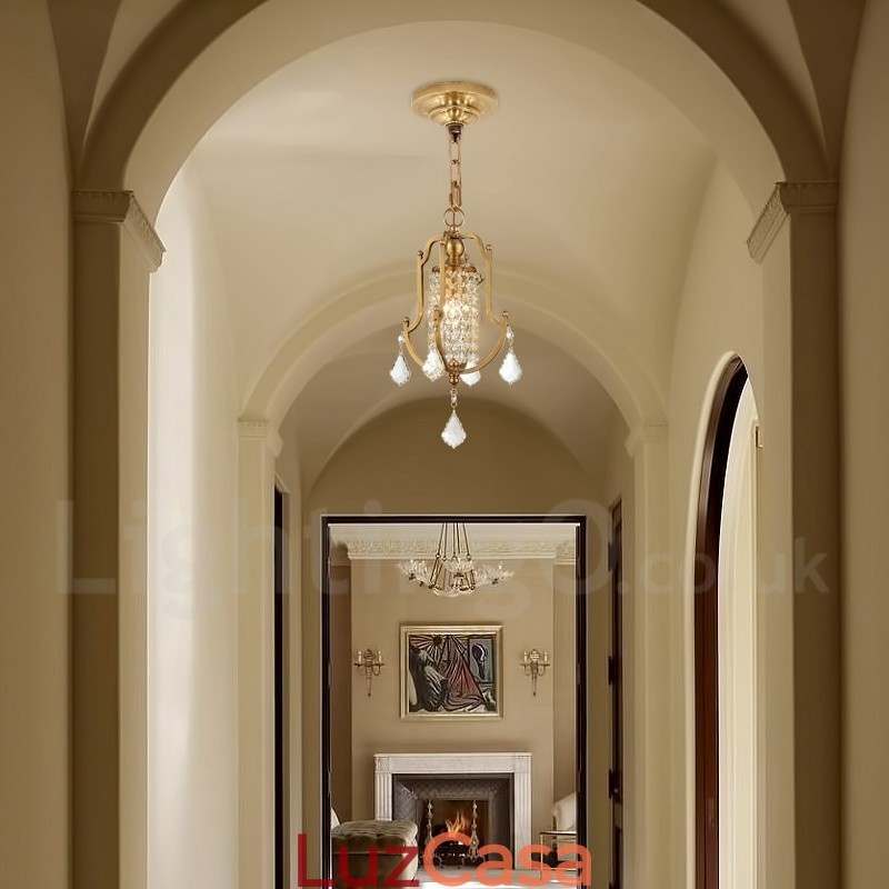 1 Lustre de pingente de latão retrô rústico de luxo com abajur de cristal