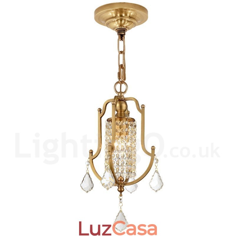 1 Lustre de pingente de latão retrô rústico de luxo com abajur de cristal