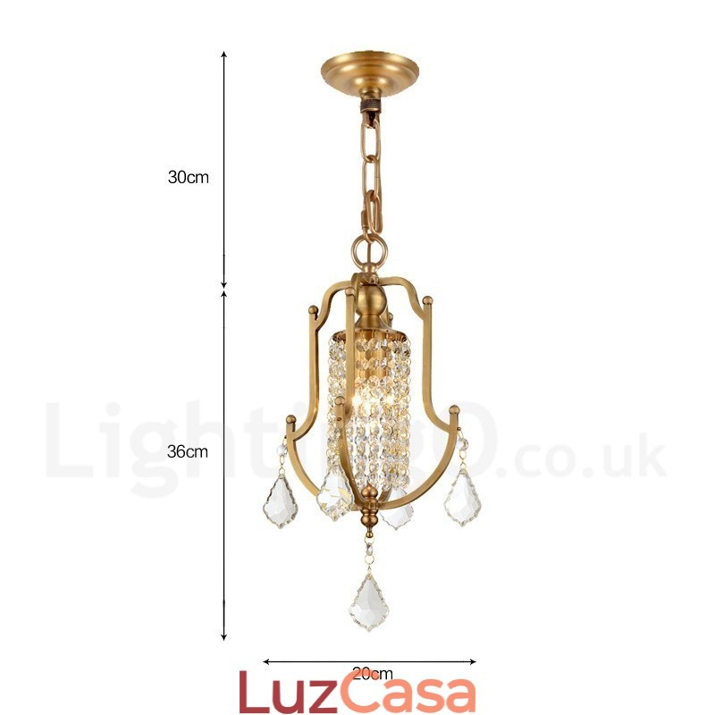 1 Lustre de pingente de latão retrô rústico de luxo com abajur de cristal