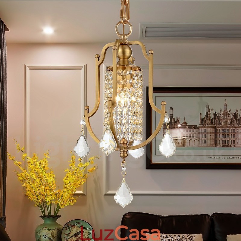 1 Lustre de pingente de latão retrô rústico de luxo com abajur de cristal