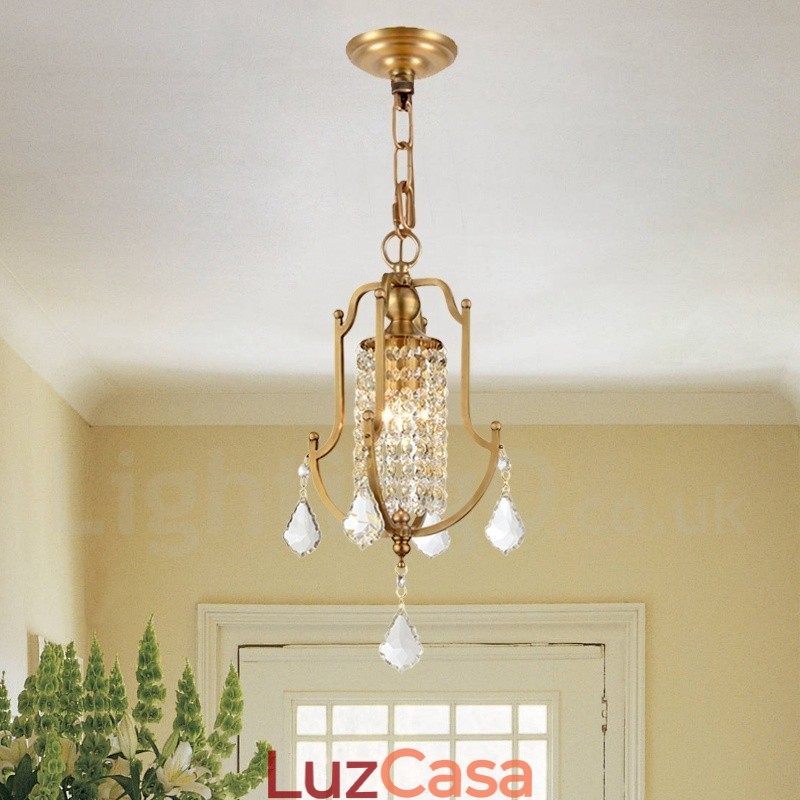 1 Lustre de pingente de latão retrô rústico de luxo com abajur de cristal