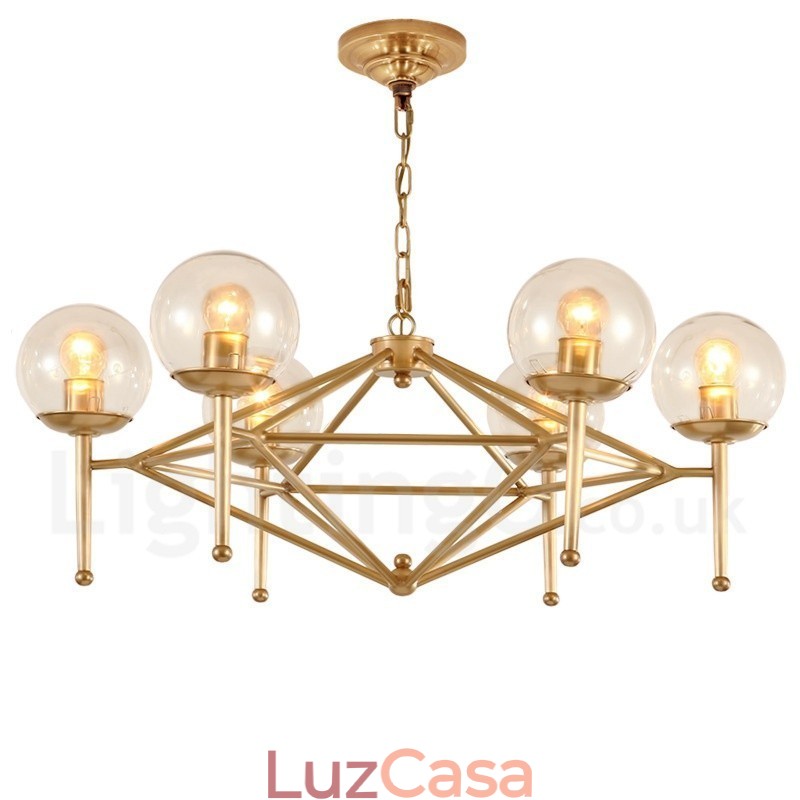 6 Luz Retro Rústico Luxo Latão Pendente Lâmpada Lustre com Sombra de Vidro