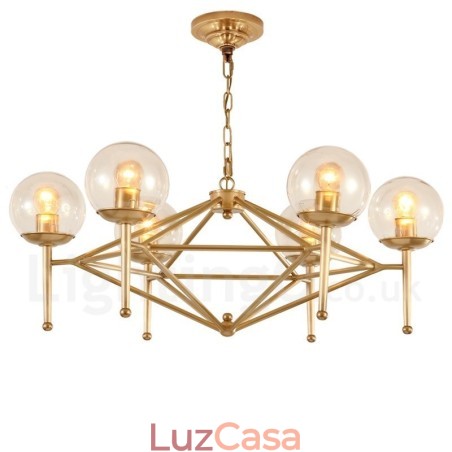 6 Luz Retro Rústico Luxo Latão Pendente Lâmpada Lustre com Sombra de Vidro