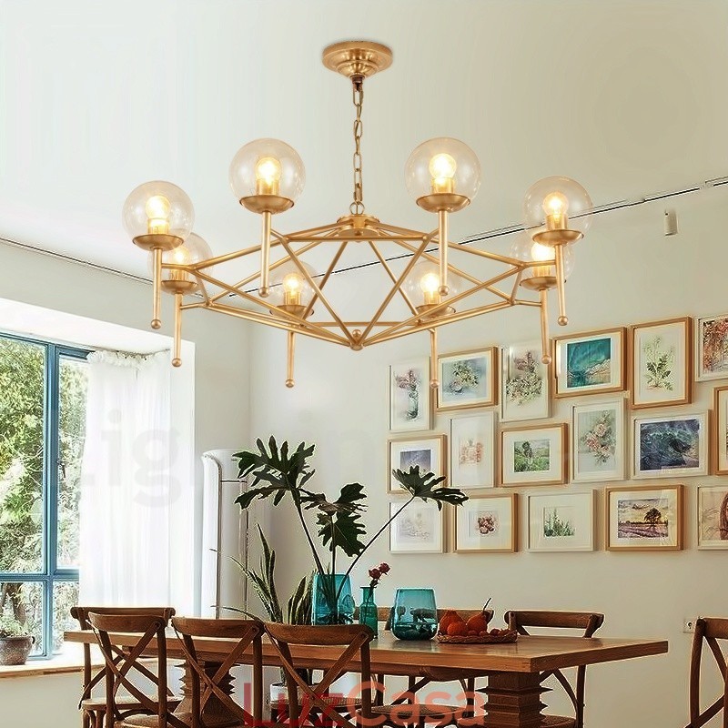 6 Luz Retro Rústico Luxo Latão Pendente Lâmpada Lustre com Sombra de Vidro