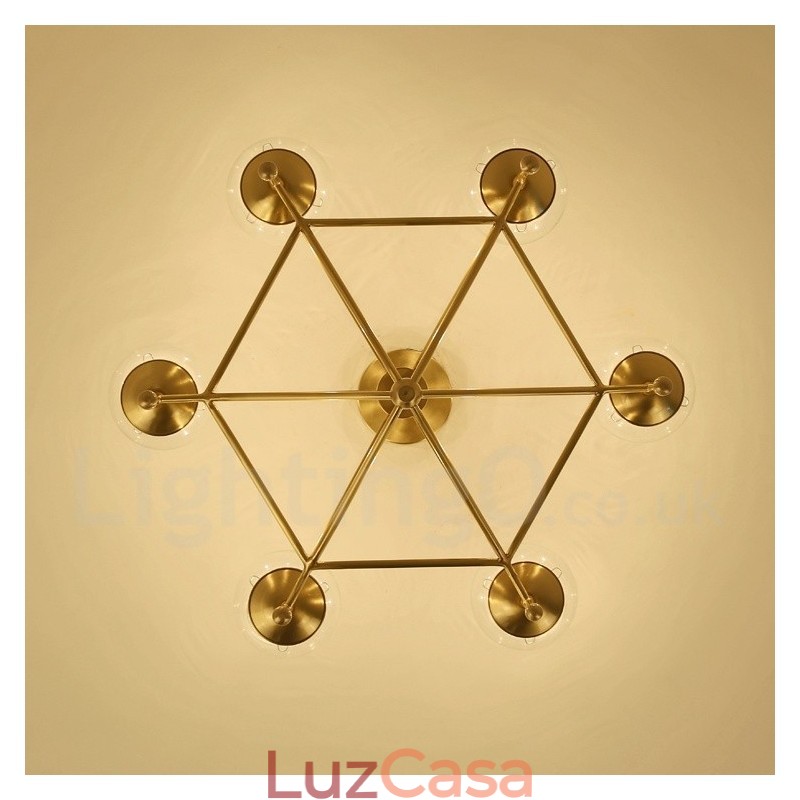 6 Luz Retro Rústico Luxo Latão Pendente Lâmpada Lustre com Sombra de Vidro