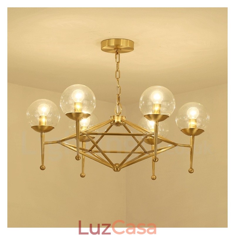 6 Luz Retro Rústico Luxo Latão Pendente Lâmpada Lustre com Sombra de Vidro