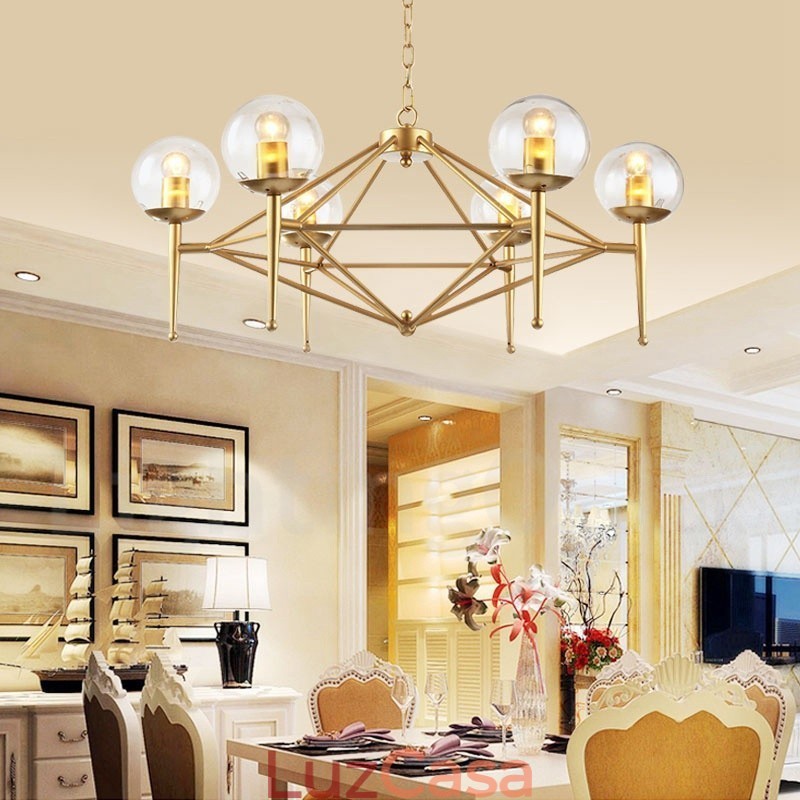 6 Luz Retro Rústico Luxo Latão Pendente Lâmpada Lustre com Sombra de Vidro