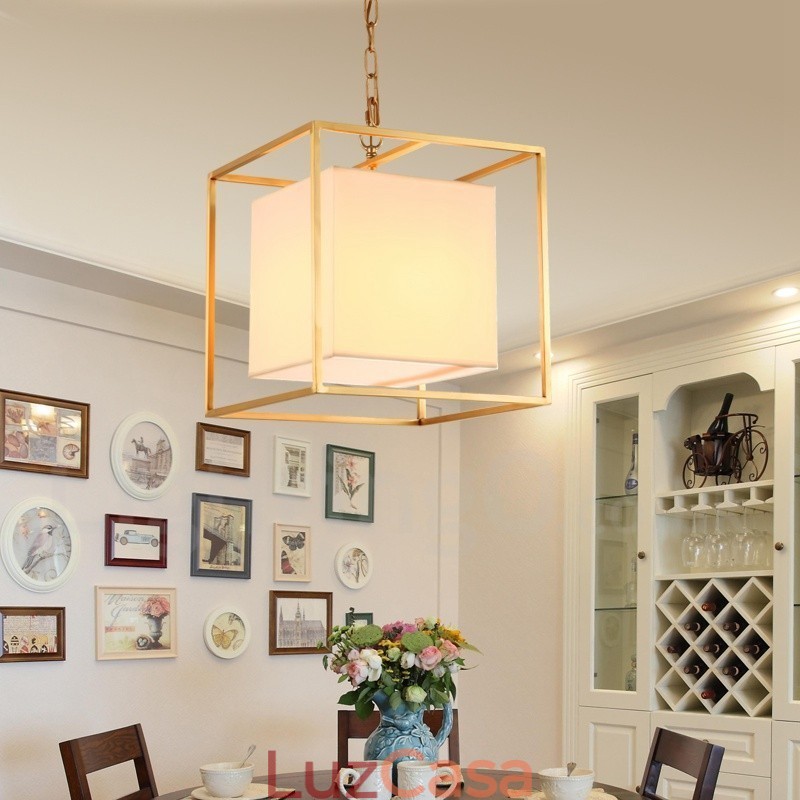 1 Lustre de pingente de latão retrô rústico de luxo com abajur de tecido