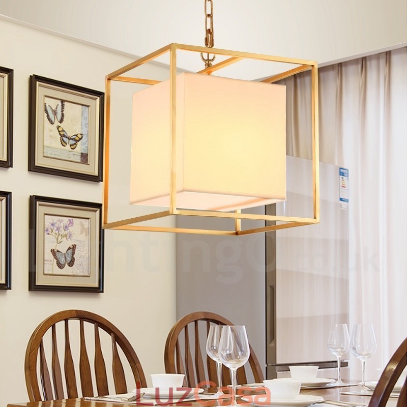 1 Lustre de pingente de latão retrô rústico de luxo com abajur de tecido