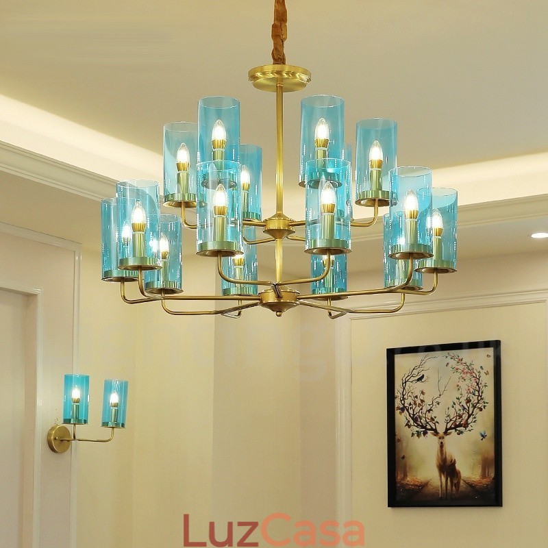 16 Luz Retro Rústico Luxo Latão Pendente Lâmpada Lustre com Sombra de Vidro