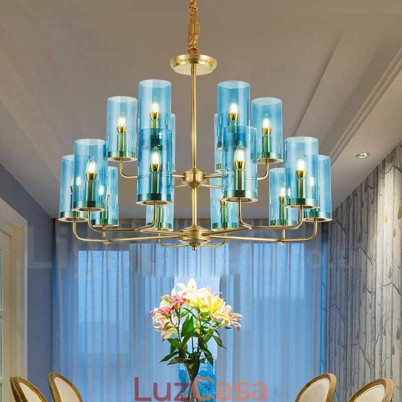 16 Luz Retro Rústico Luxo Latão Pendente Lâmpada Lustre com Sombra de Vidro