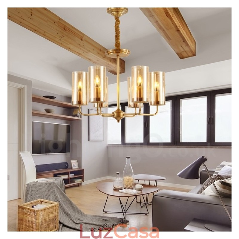 6 Luz Retro Rústico Luxo Latão Pendente Lâmpada Lustre com Sombra de Vidro