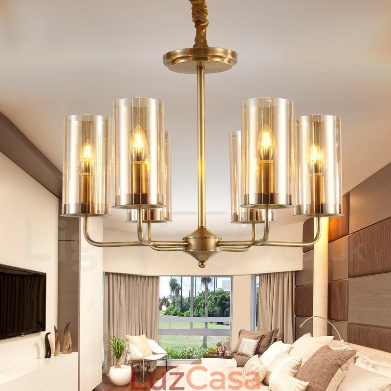 6 Luz Retro Rústico Luxo Latão Pendente Lâmpada Lustre com Sombra de Vidro