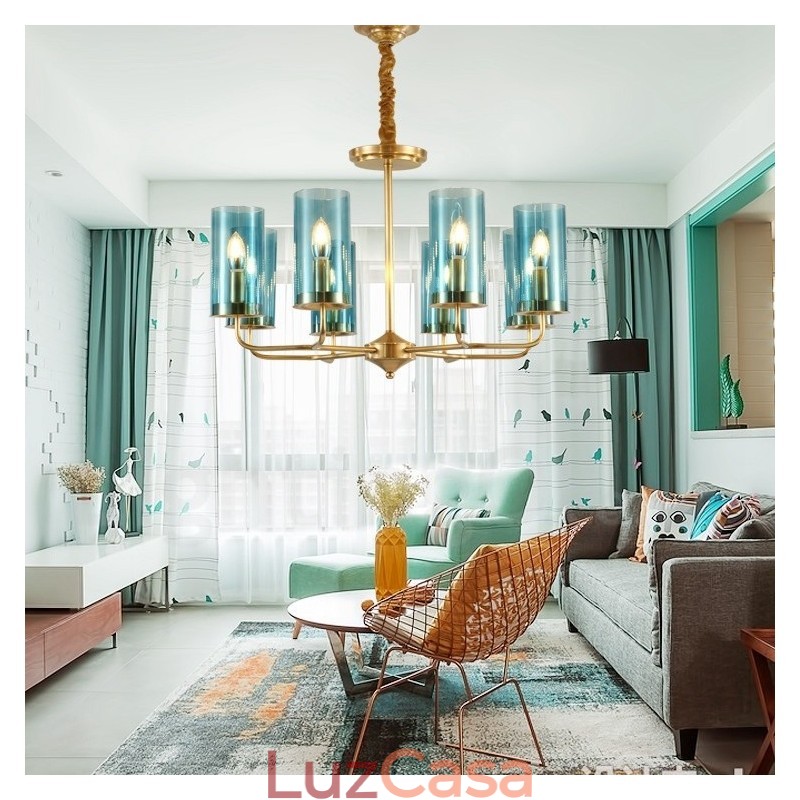 Lustre de pingente de latão luxuoso retrô rústico de 8 luzes com cúpula de vidro