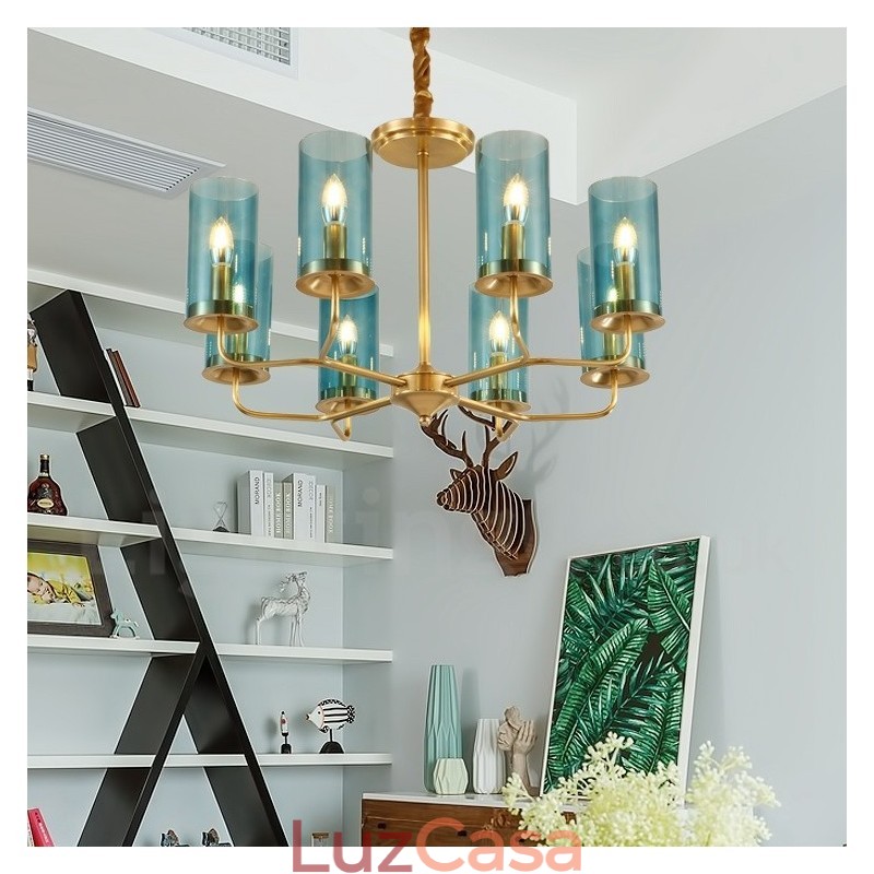 Lustre de pingente de latão luxuoso retrô rústico de 8 luzes com cúpula de vidro