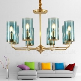 Lustre de pingente de latão luxuoso retrô rústico de 8 luzes com cúpula de vidro