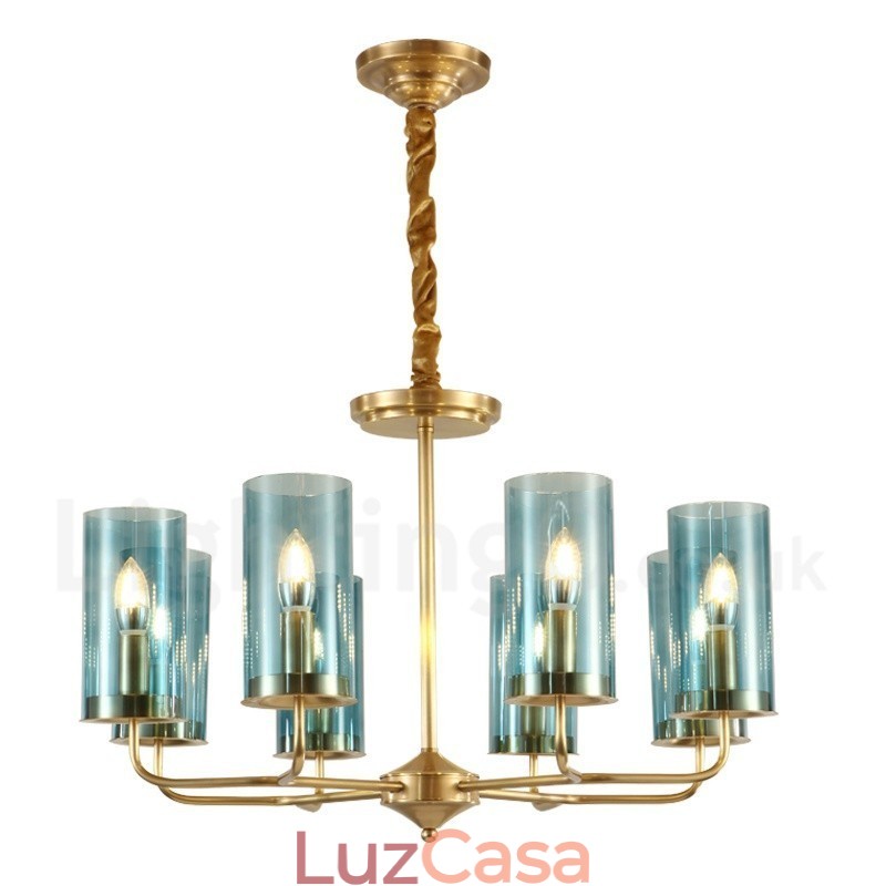 Lustre de pingente de latão luxuoso retrô rústico de 8 luzes com cúpula de vidro