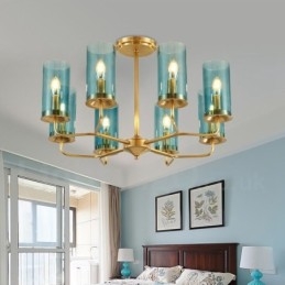 Lustre de pingente de latão luxuoso retrô rústico de 8 luzes com cúpula de vidro