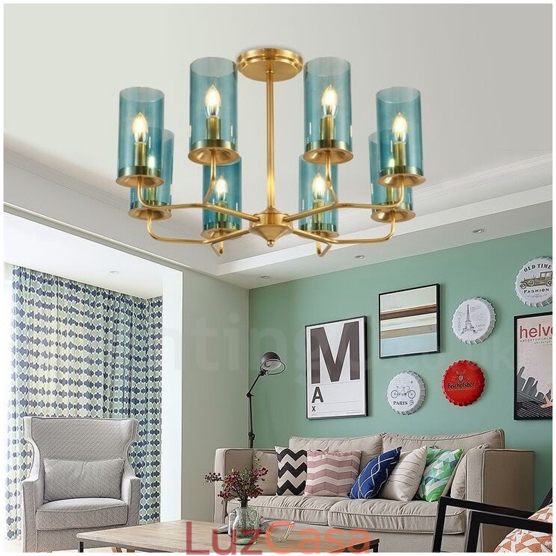 Lustre de pingente de latão luxuoso retrô rústico de 8 luzes com cúpula de vidro