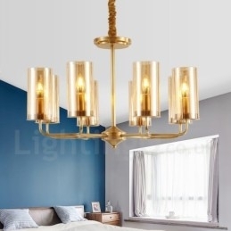 Lustre de pingente de latão luxuoso retrô rústico de 8 luzes com cúpula de vidro