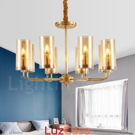 Lustre de pingente de latão luxuoso retrô rústico de 8 luzes com cúpula de vidro Lustre de pingente de latão luxuoso retrô rústico de 8 luzes com cúpula de vidro