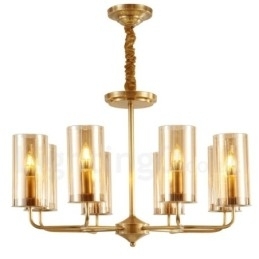 Lustre de pingente de latão luxuoso retrô rústico de 8 luzes com cúpula de vidro