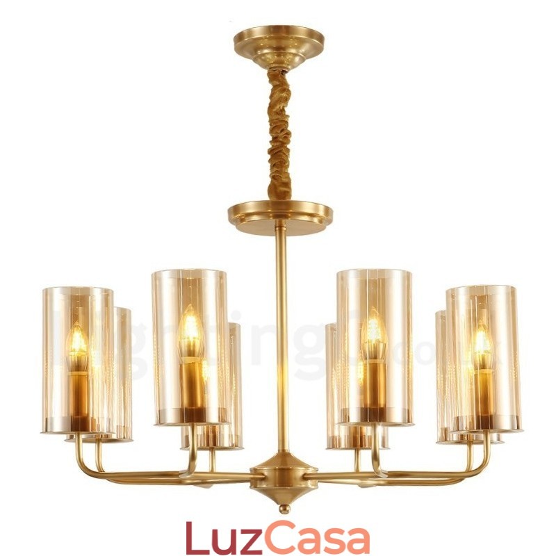 Lustre de pingente de latão luxuoso retrô rústico de 8 luzes com cúpula de vidro
