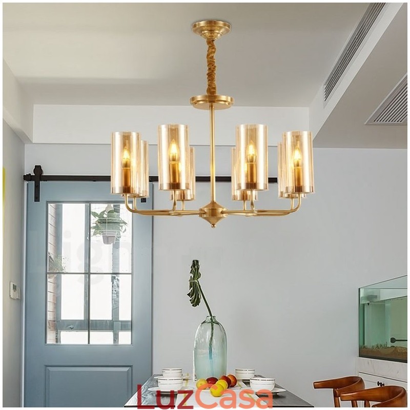 Lustre de pingente de latão luxuoso retrô rústico de 8 luzes com cúpula de vidro