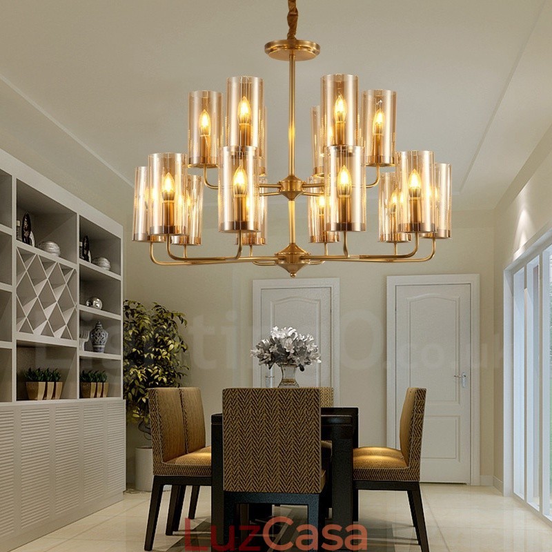16 Luz Retro Rústico Luxo Latão Pendente Lâmpada Lustre com Sombra de Vidro