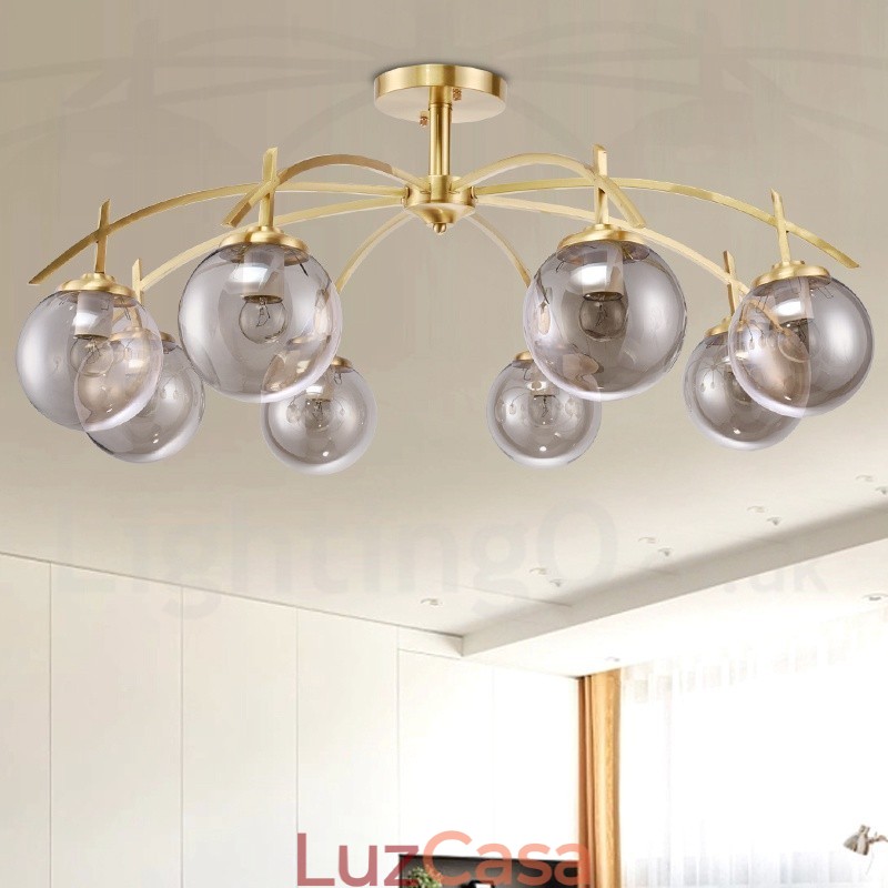 Lustre de pingente de latão luxuoso retrô rústico de 8 luzes com cúpula de vidro