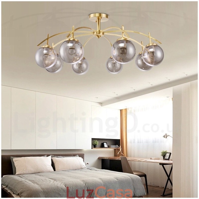 Lustre de pingente de latão luxuoso retrô rústico de 8 luzes com cúpula de vidro